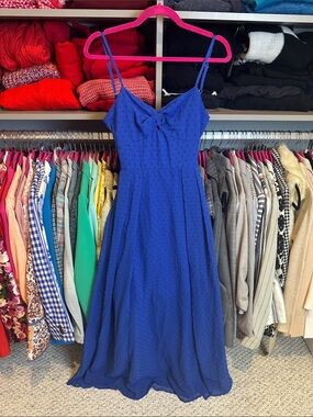 Leasty blue swiss dot adjustable strap front cut out lined maxi dress size XS